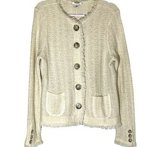Talbots Cream Wool Alpaca Blend Cardigan Sweater  Pockets Fringe size L